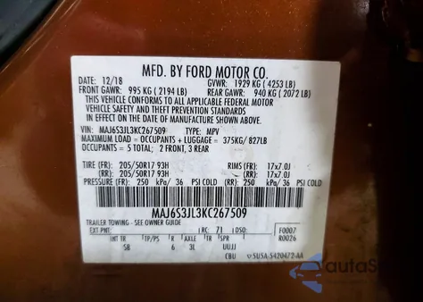 2019 Ford Ecosport Ses z USA, uszkodzony, nr VIN MAJ6S3JL3KC267509